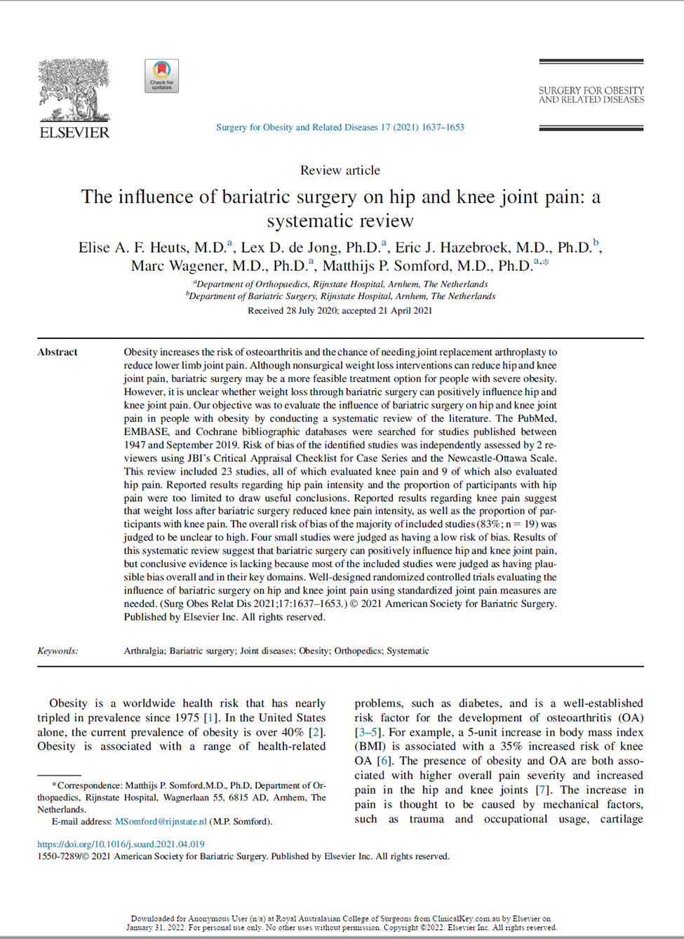 Improvement in hip and knee pain after bariatric surgery Improvement in hip and knee pain after bariatric surgery